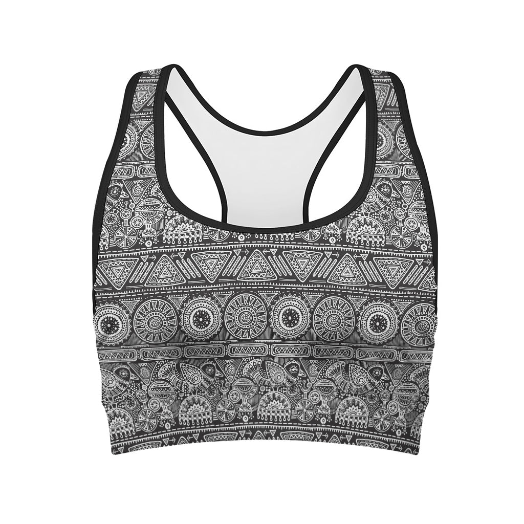 Black And White Ethnic Pattern Print Women's Sports Bra