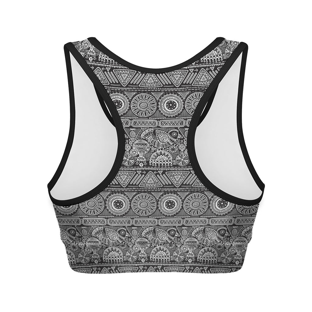 Black And White Ethnic Pattern Print Women's Sports Bra