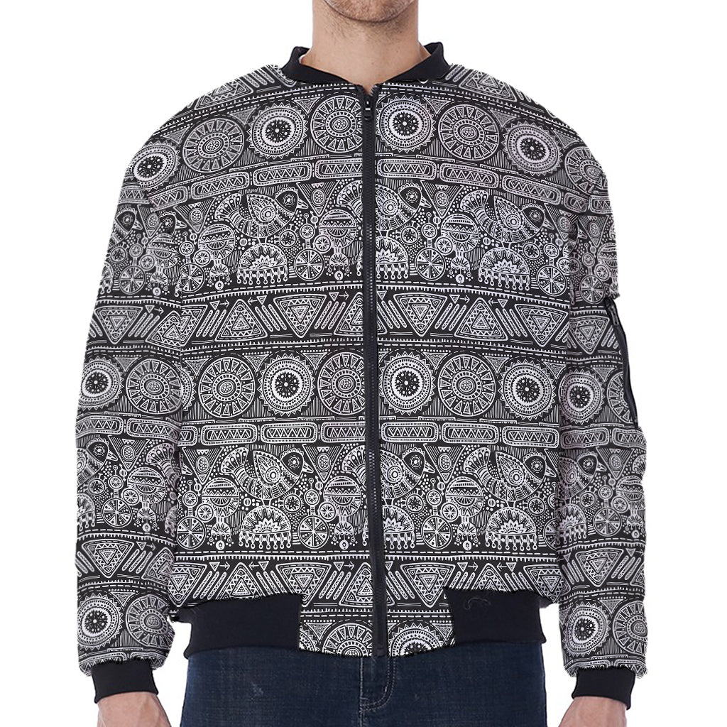 Black And White Ethnic Pattern Print Zip Sleeve Bomber Jacket