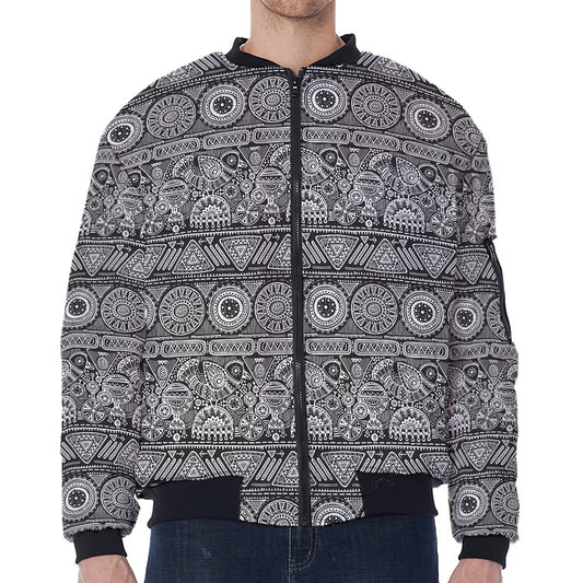 Black And White Ethnic Pattern Print Zip Sleeve Bomber Jacket