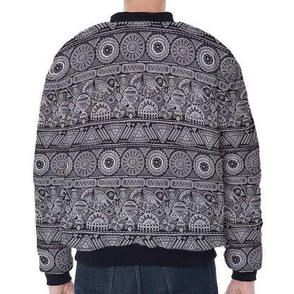 Black And White Ethnic Pattern Print Zip Sleeve Bomber Jacket