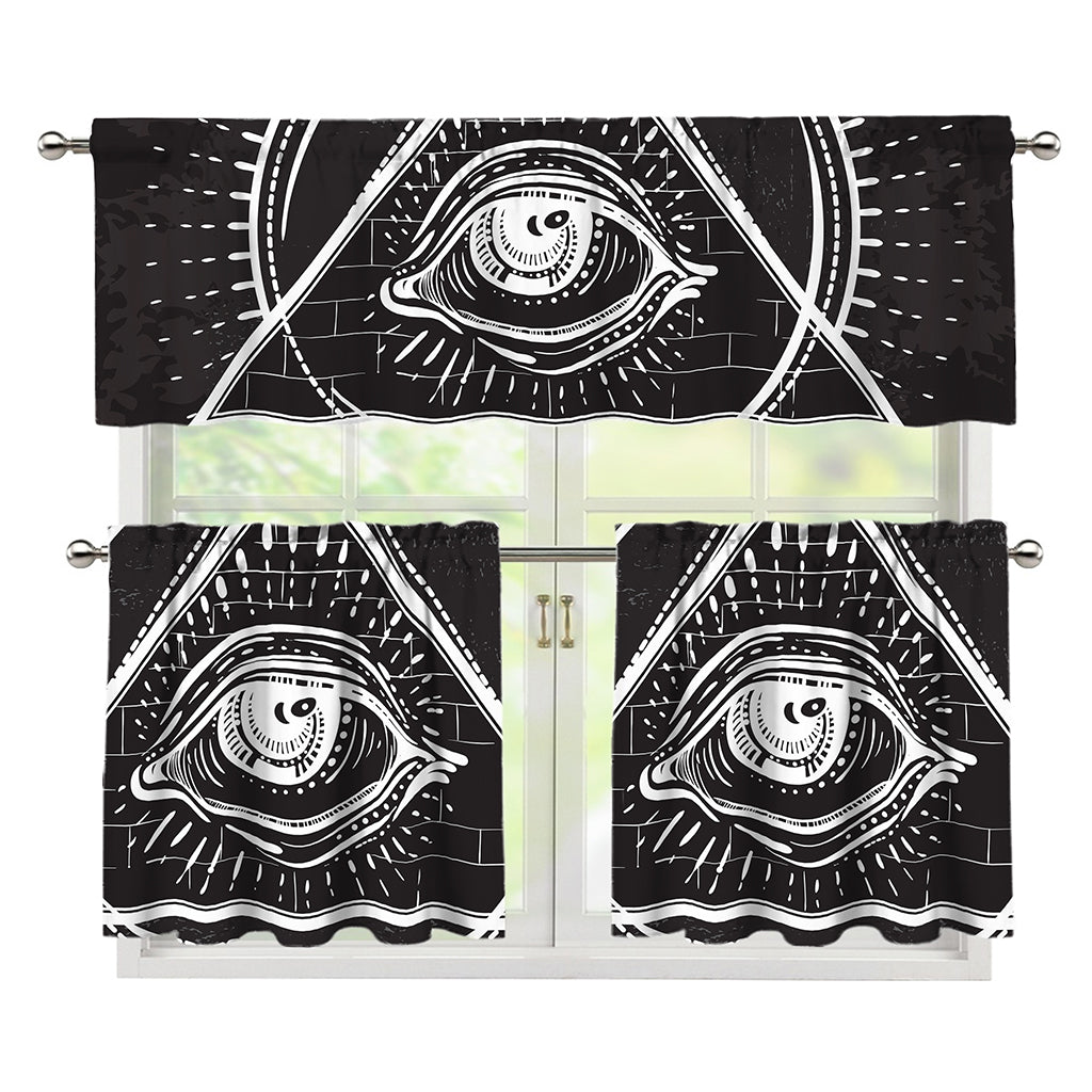 Black And White Eye of Providence Print 3 Piece Kitchen Curtains