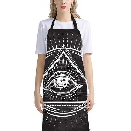 Black And White Eye of Providence Print Bib Apron With Pocket
