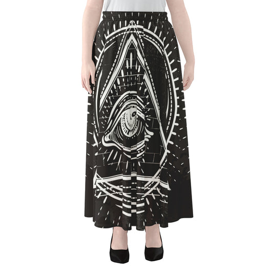 Black And White Eye of Providence Print Chiffon Maxi Skirt
