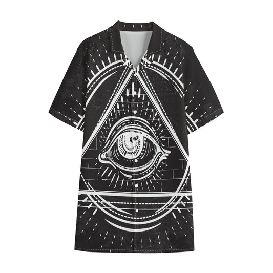Black And White Eye of Providence Print Cotton Hawaiian Shirt