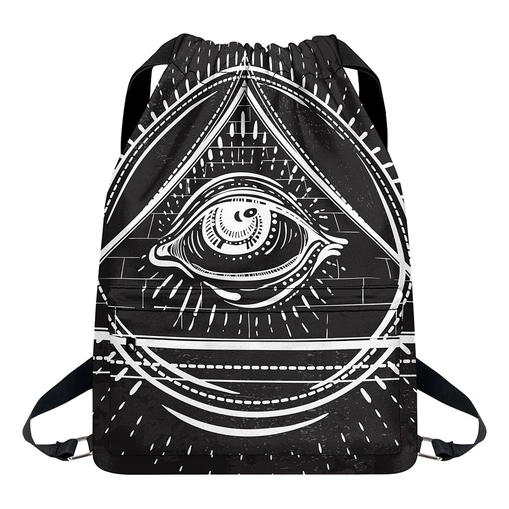 Black And White Eye of Providence Print Drawstring Backpack