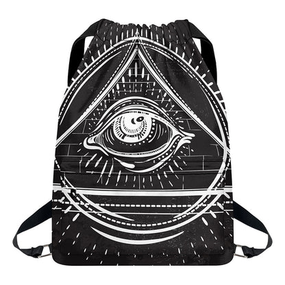 Black And White Eye of Providence Print Drawstring Backpack