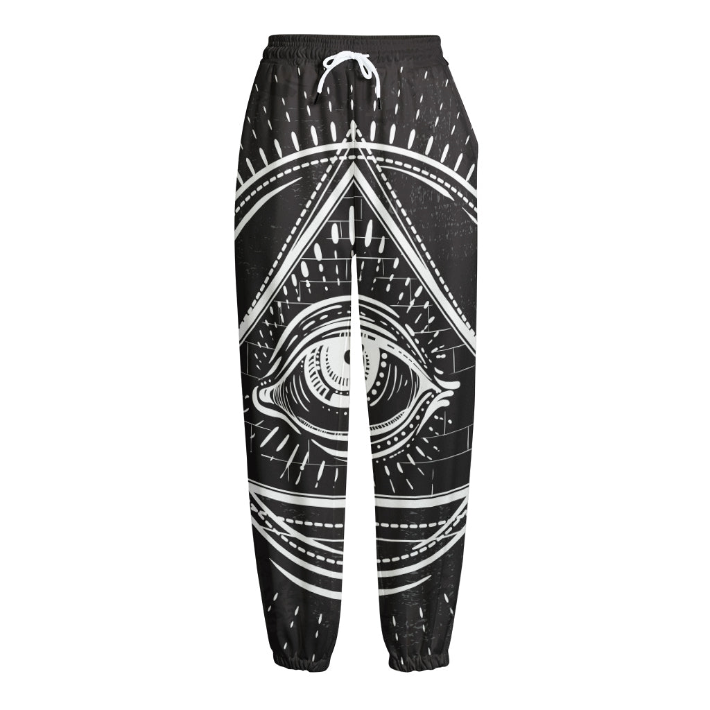 Black And White Eye of Providence Print Fleece Lined Knit Pants