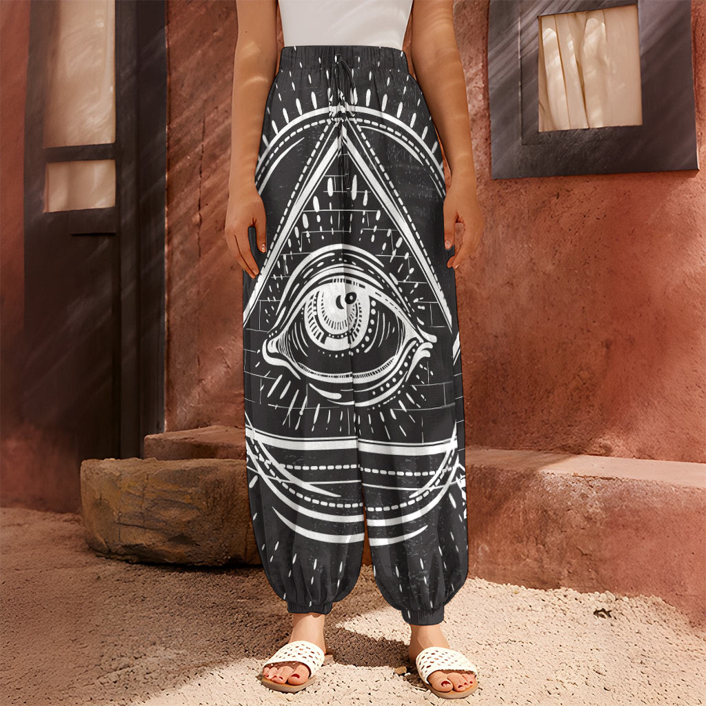 Black And White Eye of Providence Print Harem Pants