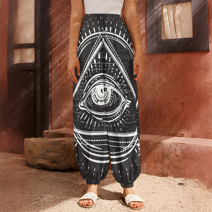 Black And White Eye of Providence Print Harem Pants