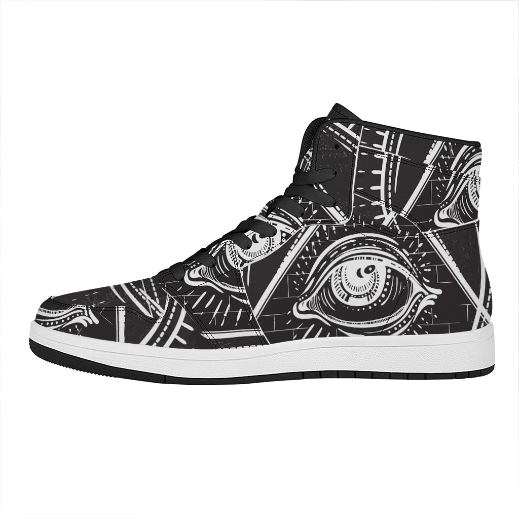 Black And White Eye of Providence Print High Top Leather Sneakers
