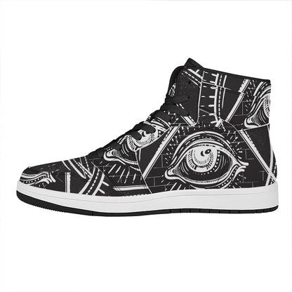 Black And White Eye of Providence Print High Top Leather Sneakers