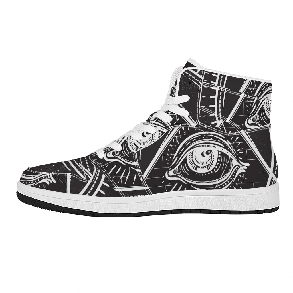 Black And White Eye of Providence Print High Top Leather Sneakers