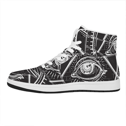 Black And White Eye of Providence Print High Top Leather Sneakers