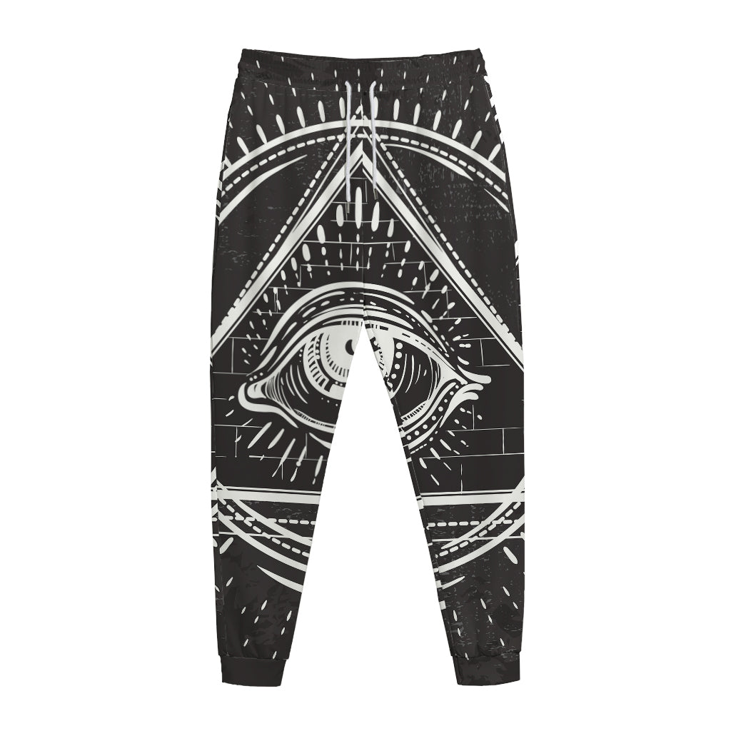 Black And White Eye of Providence Print Jogger Pants