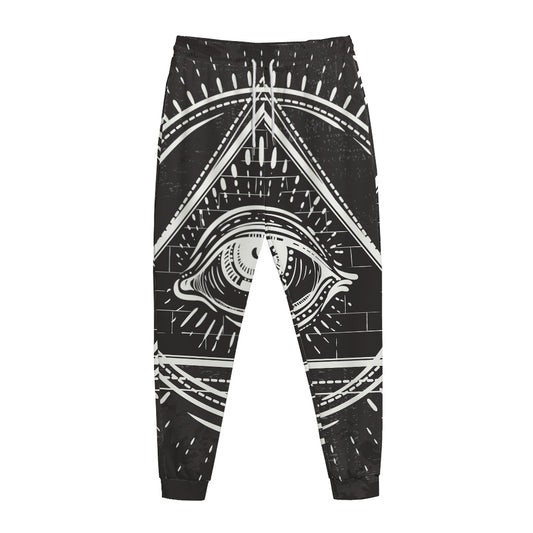 Black And White Eye of Providence Print Jogger Pants
