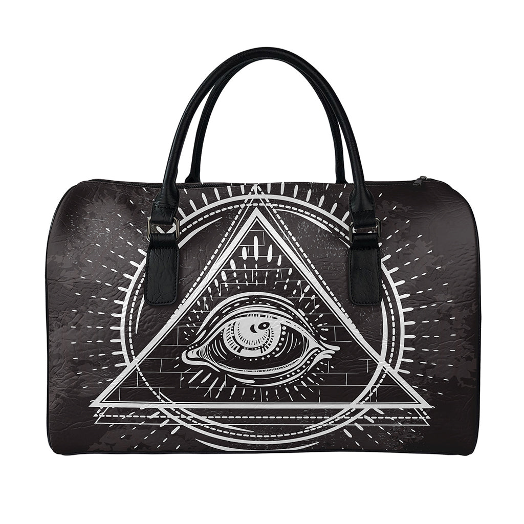 Black And White Eye of Providence Print Leather Duffle Bag
