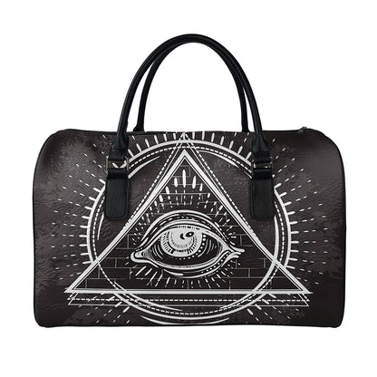 Black And White Eye of Providence Print Leather Duffle Bag