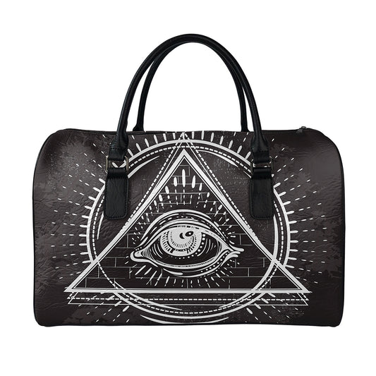 Black And White Eye of Providence Print Leather Duffle Bag