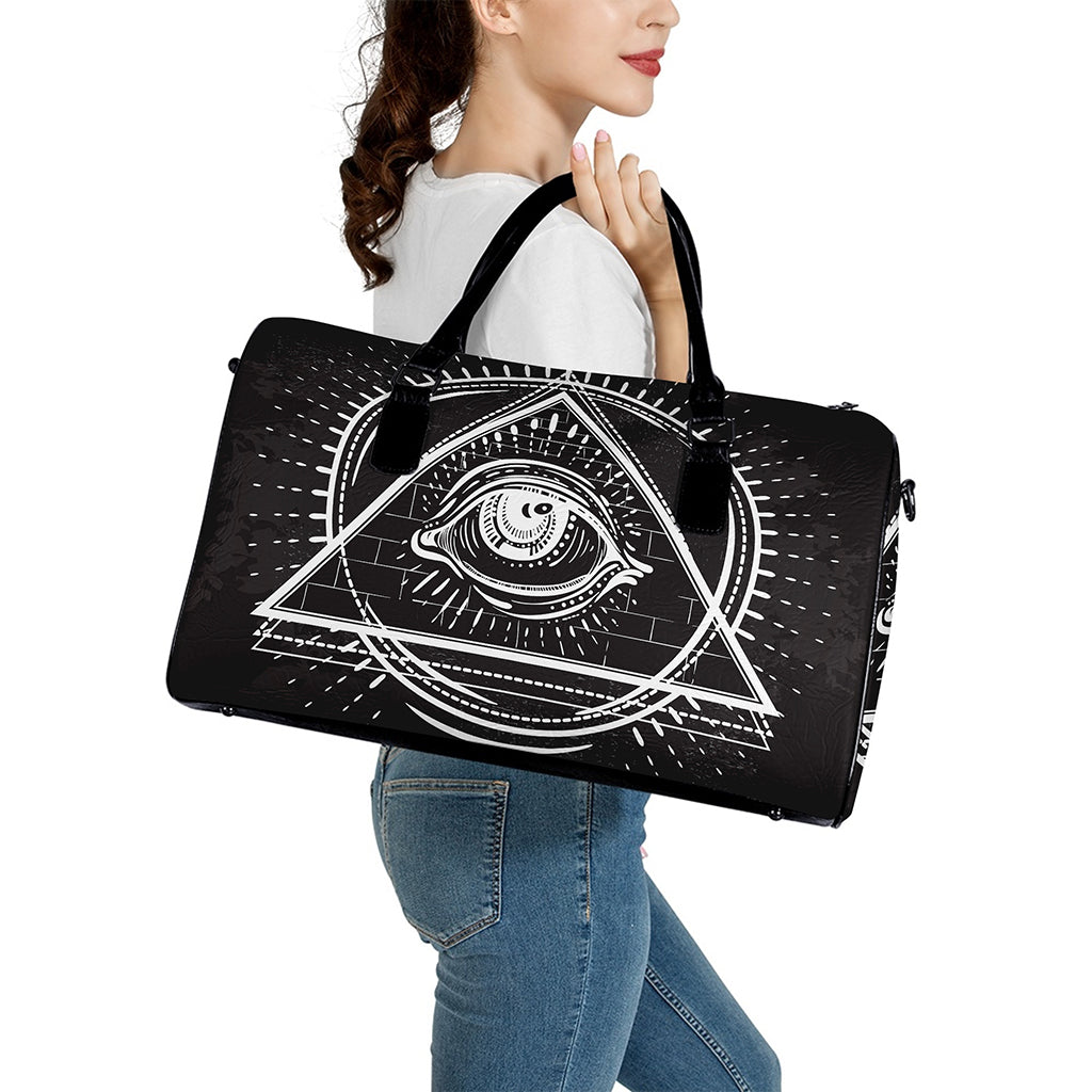 Black And White Eye of Providence Print Leather Duffle Bag