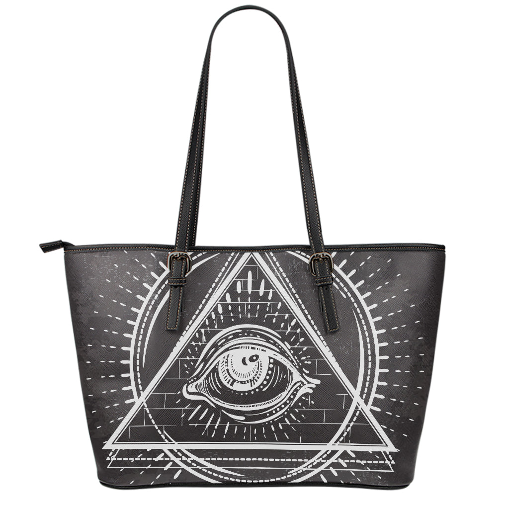 Black And White Eye of Providence Print Leather Tote Bag