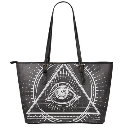Black And White Eye of Providence Print Leather Tote Bag