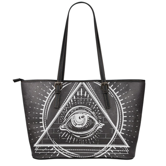 Black And White Eye of Providence Print Leather Tote Bag