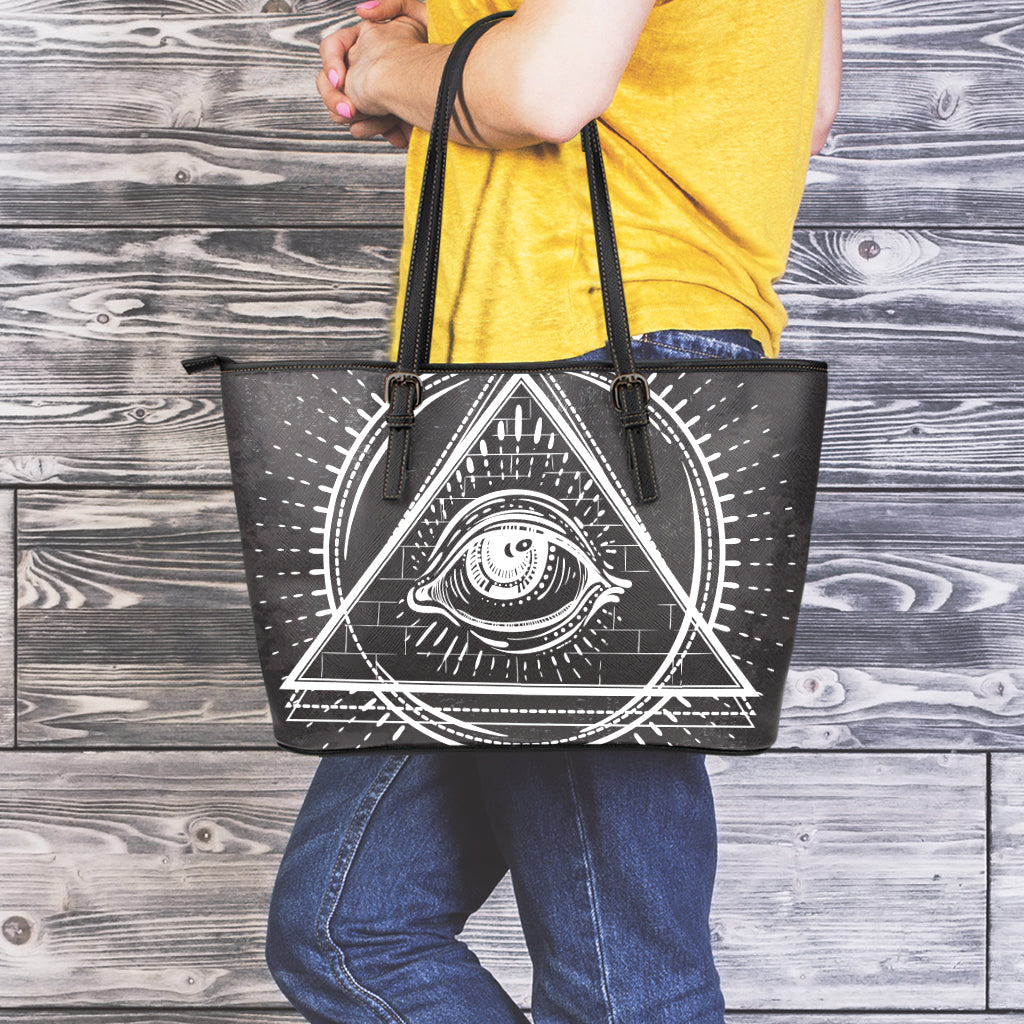 Black And White Eye of Providence Print Leather Tote Bag