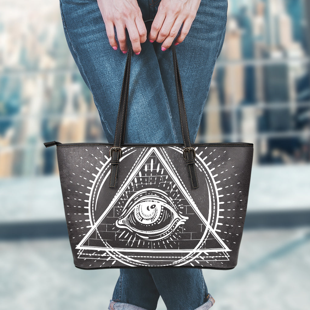 Black And White Eye of Providence Print Leather Tote Bag