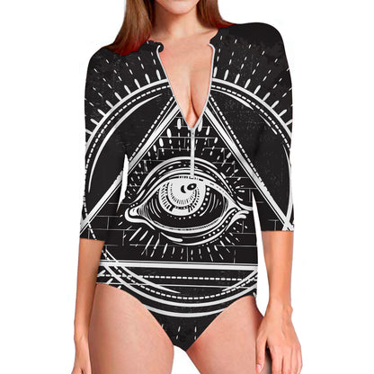 Black And White Eye of Providence Print Long Sleeve Swimsuit