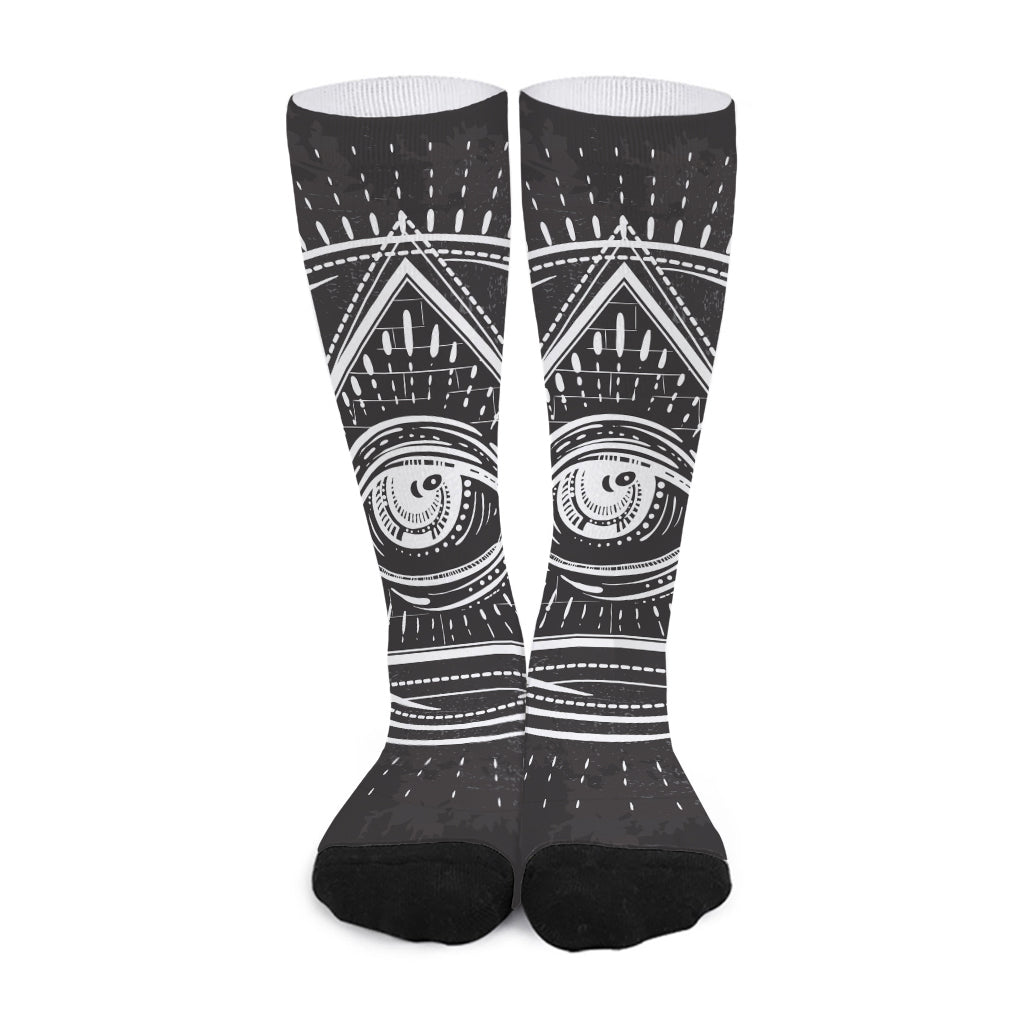 Black And White Eye of Providence Print Long Socks