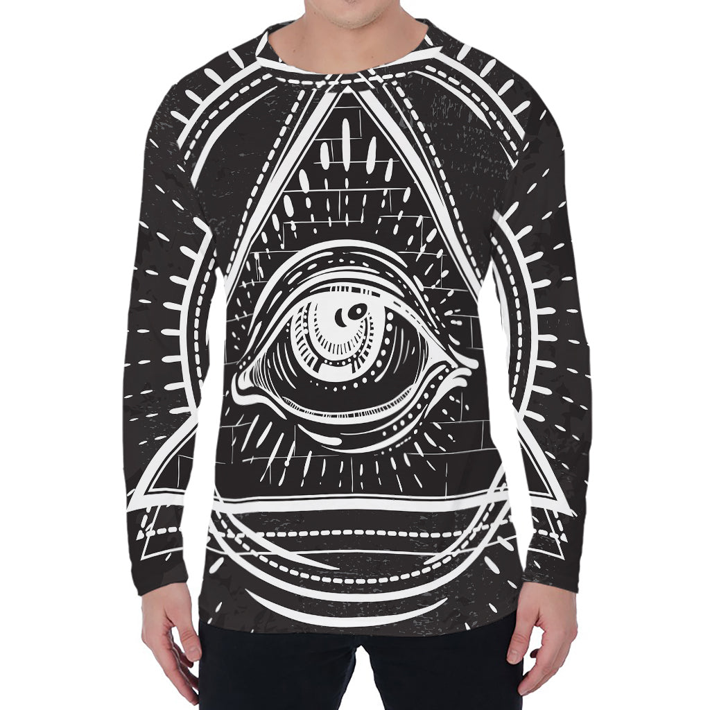Black And White Eye of Providence Print Men's Long Sleeve T-Shirt