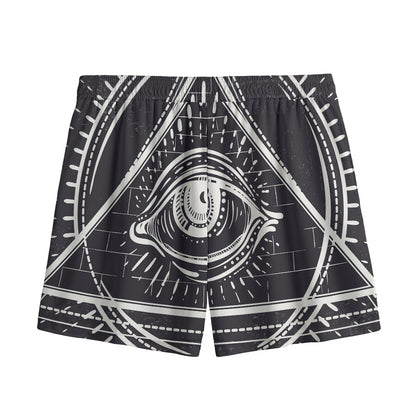 Black And White Eye of Providence Print Mesh Shorts