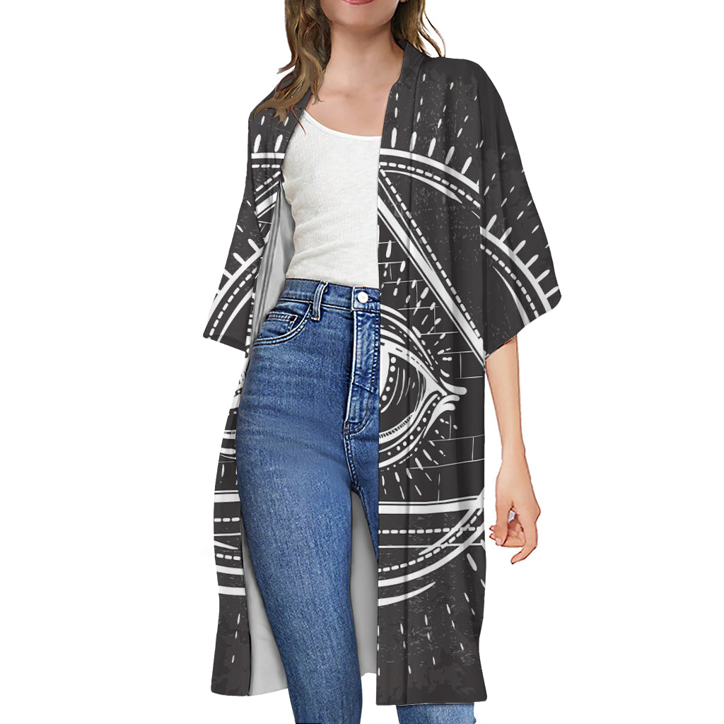 Black And White Eye of Providence Print Open Front Beach Cover Up