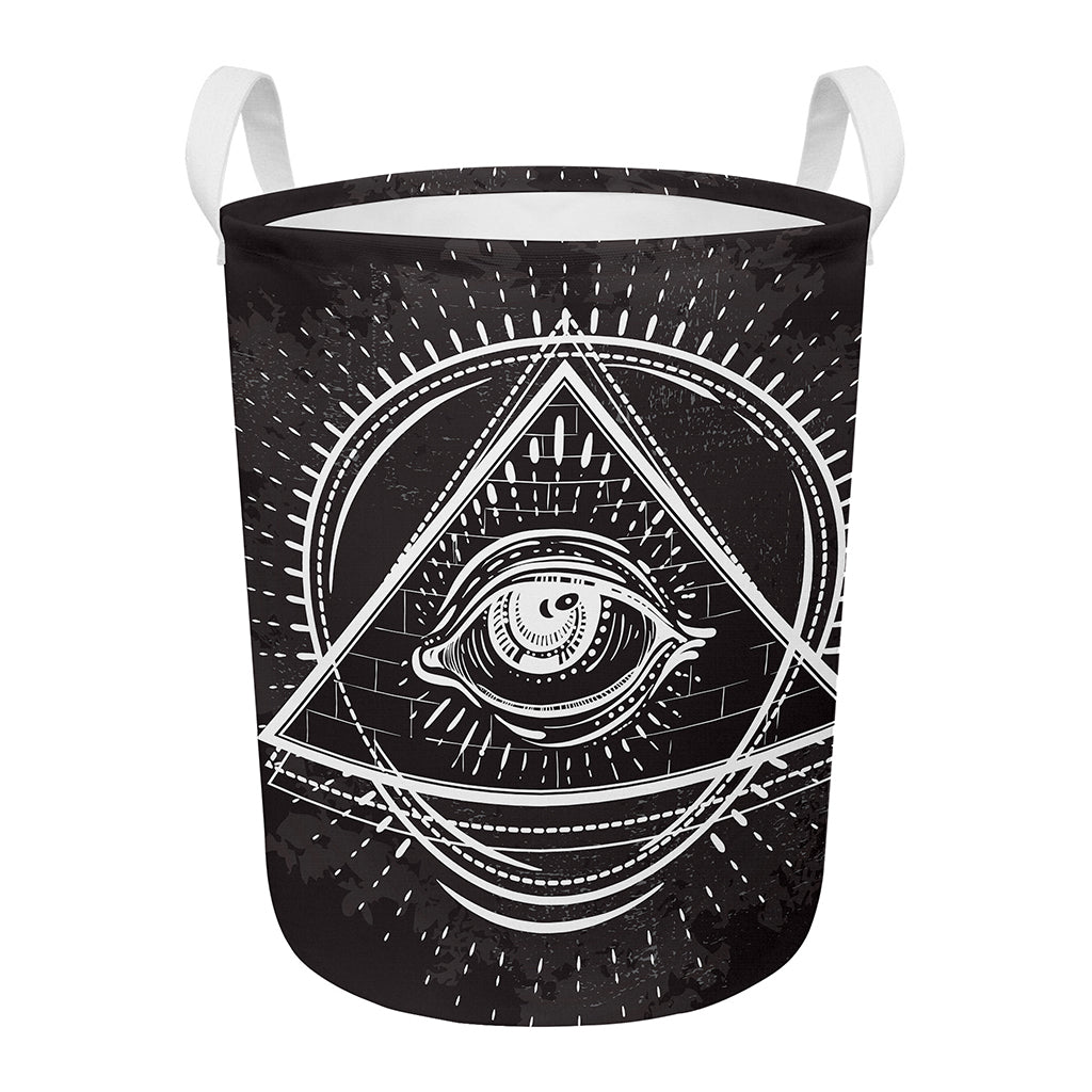 Black And White Eye of Providence Print Round Laundry Basket