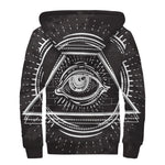 Black And White Eye of Providence Print Sherpa Lined Zip Up Hoodie