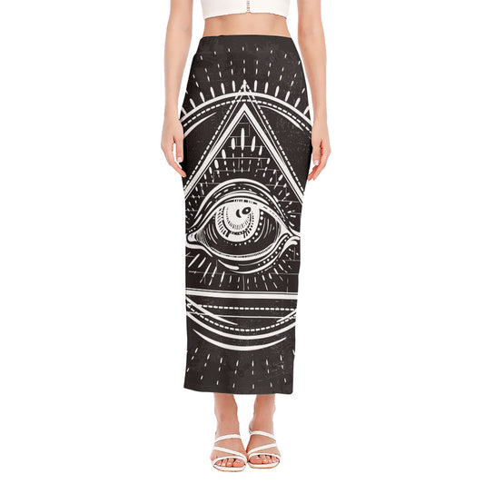 Black And White Eye of Providence Print Side Slit Maxi Skirt