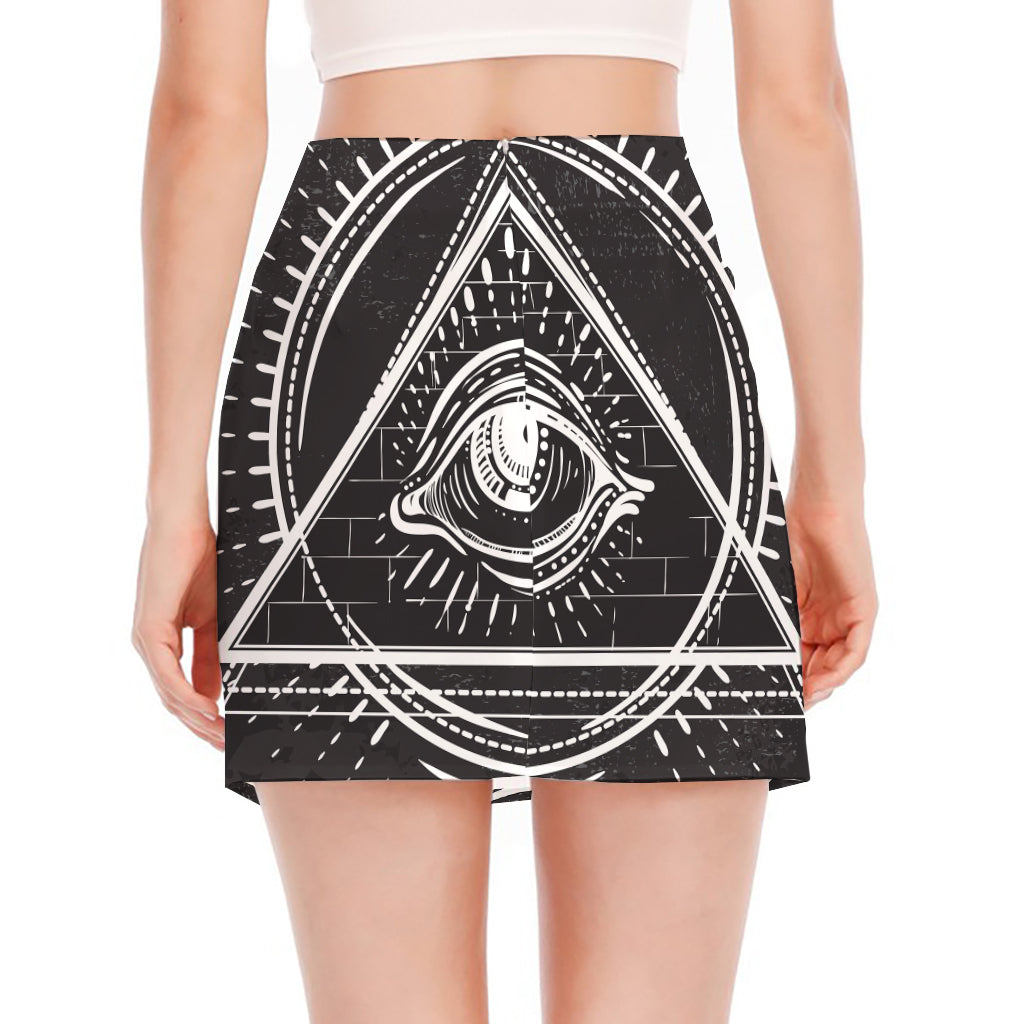 Black And White Eye of Providence Print Side Slit Mini Skirt