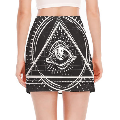 Black And White Eye of Providence Print Side Slit Mini Skirt