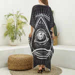 Black And White Eye of Providence Print Silk V-Neck Kaftan Dress