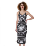 Black And White Eye of Providence Print Slim Fit Midi Cami Dress