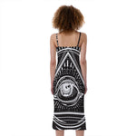 Black And White Eye of Providence Print Slim Fit Midi Cami Dress