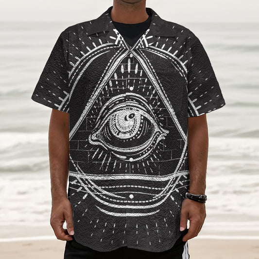 Black And White Eye of Providence Print Textured Short Sleeve Shirt
