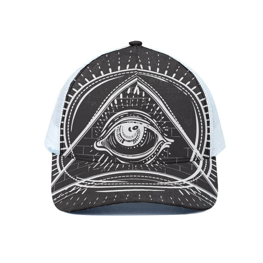 Black And White Eye of Providence Print White Mesh Trucker Cap