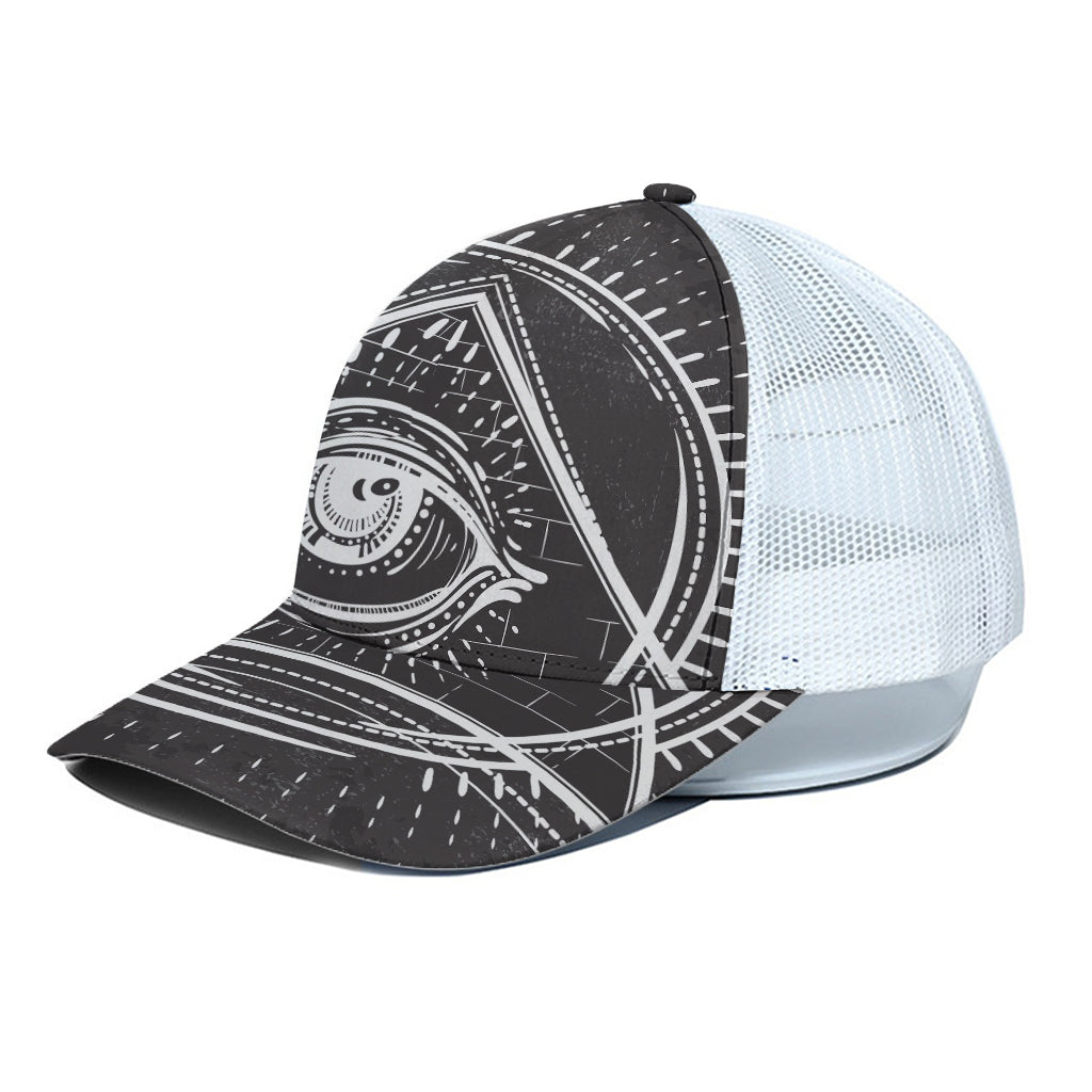 Black And White Eye of Providence Print White Mesh Trucker Cap
