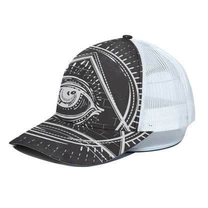 Black And White Eye of Providence Print White Mesh Trucker Cap