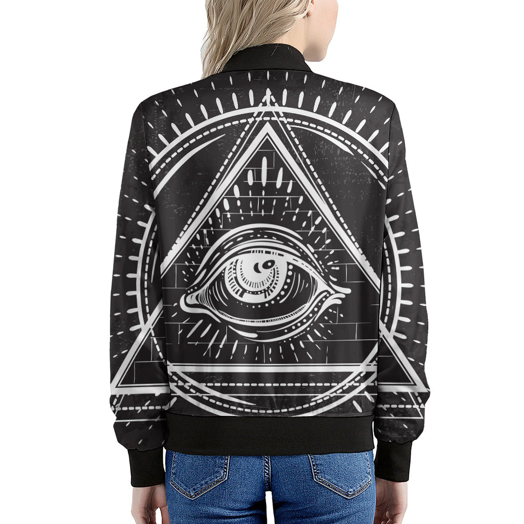 Black And White Eye of Providence Print Women's Bomber Jacket