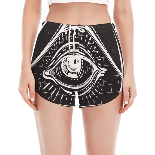 Black And White Eye of Providence Print Women's Split Running Shorts