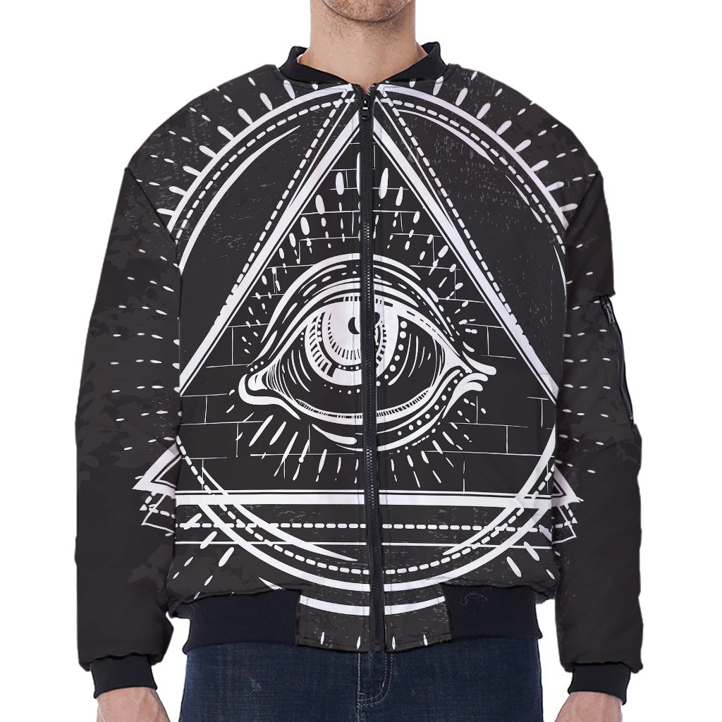 Black And White Eye of Providence Print Zip Sleeve Bomber Jacket