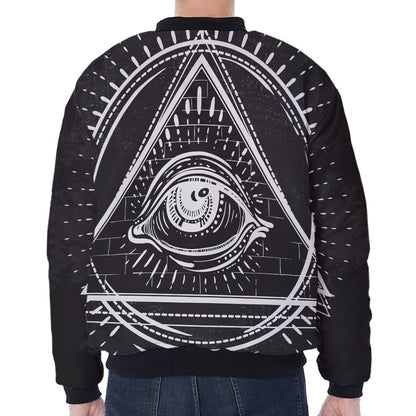 Black And White Eye of Providence Print Zip Sleeve Bomber Jacket